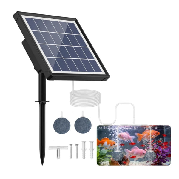 A black solar panel mounted on a pole with a white cord, next to decorative fish aquarium art.