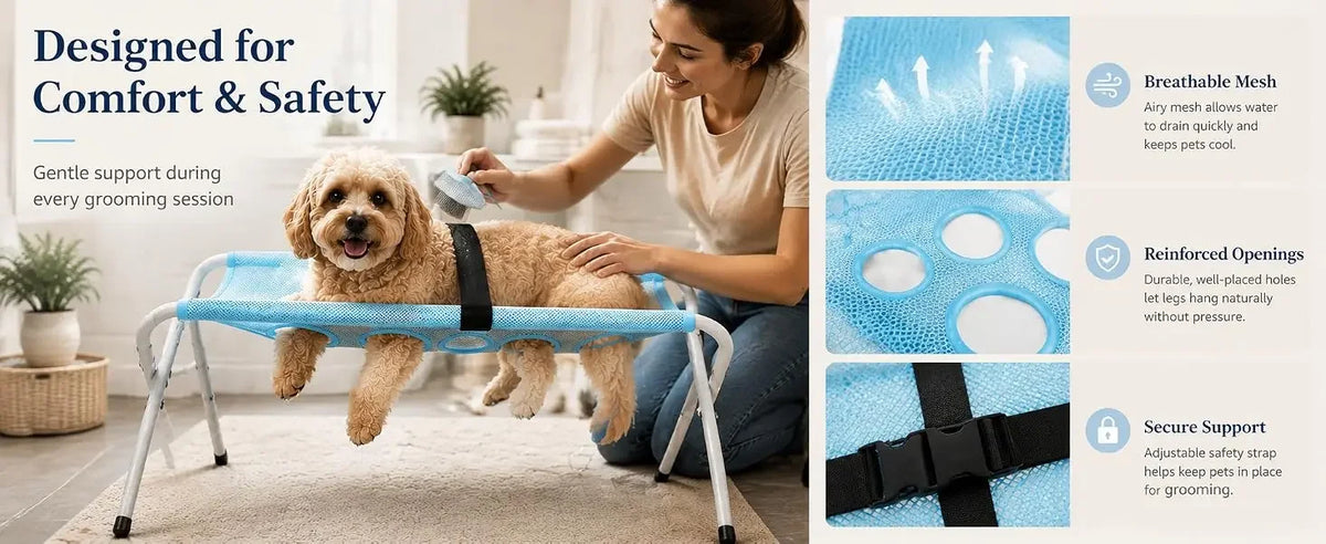 A woman is gently grooming a dog on a blue foldable pet grooming hammock designed for comfort and safety.