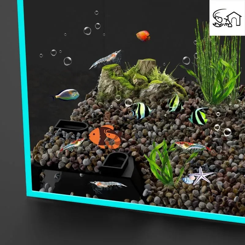 A detailed aquarium corner setup featuring various fish and shrimp hiding in a rocky landscape.