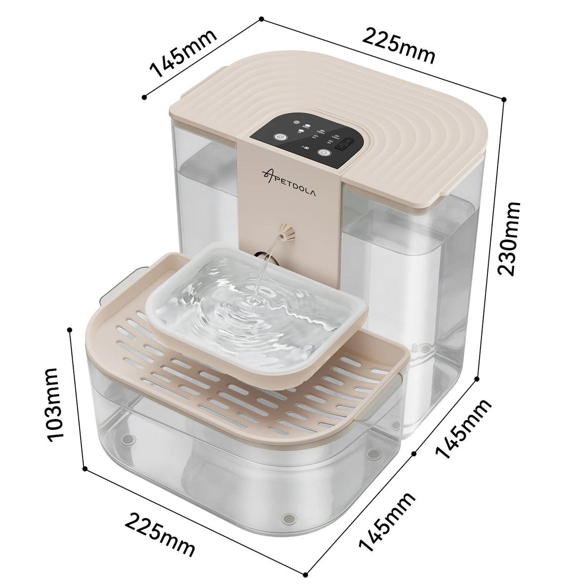 A beige smart cordless cat water fountain with a timer and large battery, shown from the top and side.
