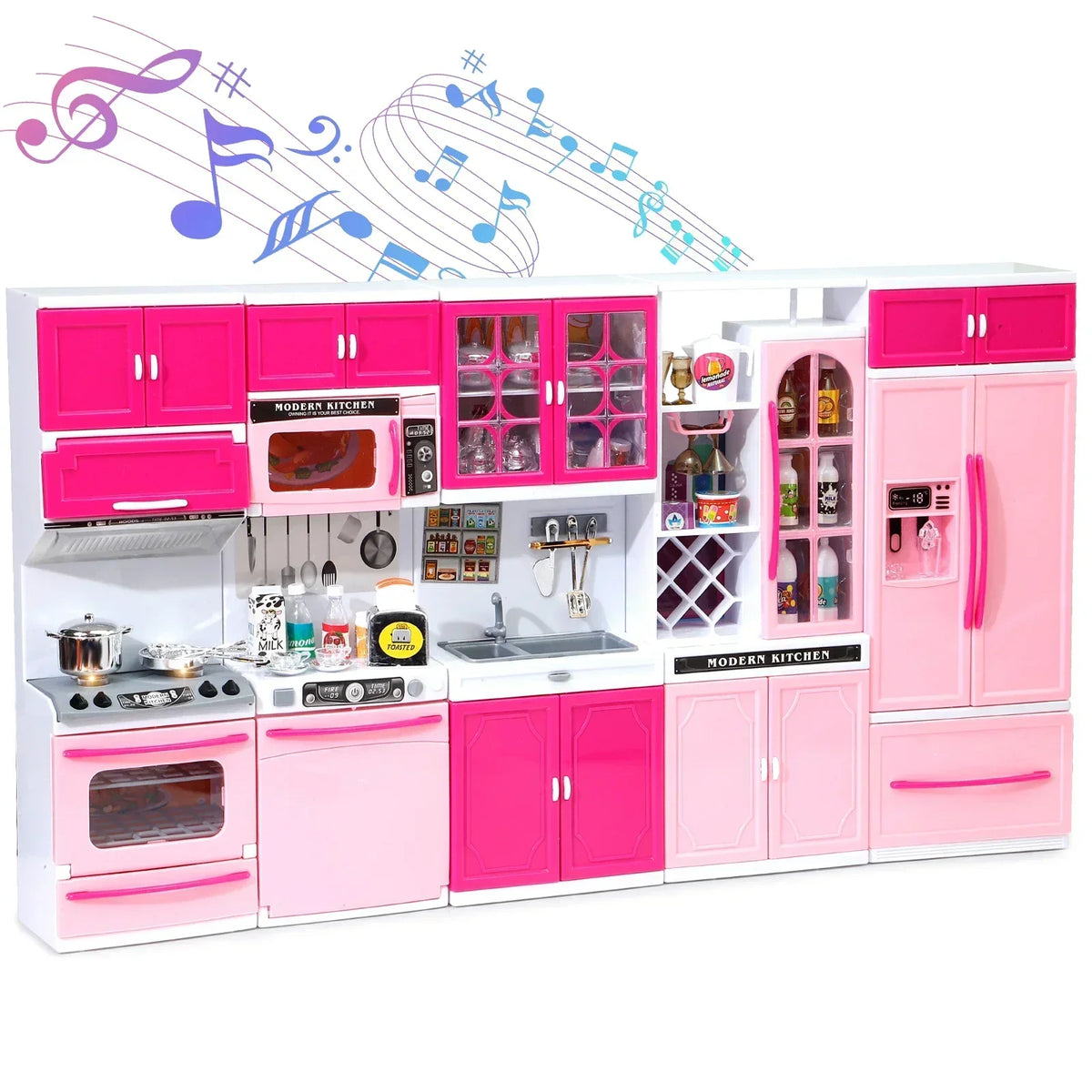 A pink and white 5-piece pretend play kitchen set with cabinets appliances and musical notes