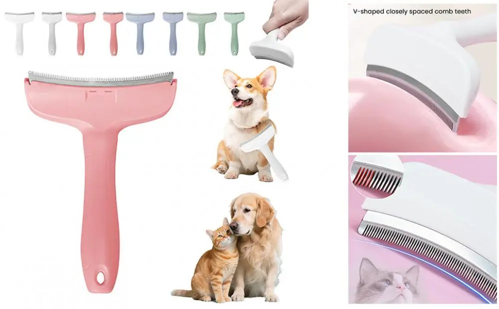 Pet Deshedding Brush with V-Tooth Comb - Gentle Undercoat Rake for Dogs & Cats