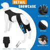 Détail d'un gilet noir pour chien avec des bandes de soutien bleues et des sangles métalliques pour protéger les genoux et le