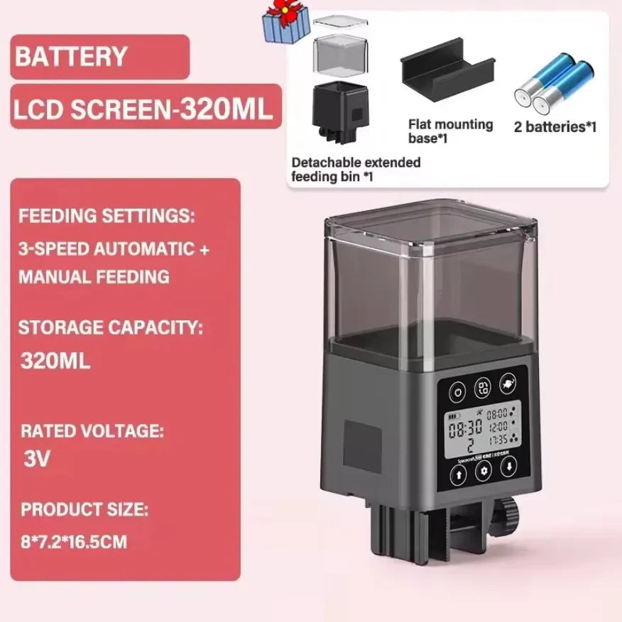 A black automatic fish feeder with an LCD screen, showing feeding settings and storage capacity details.