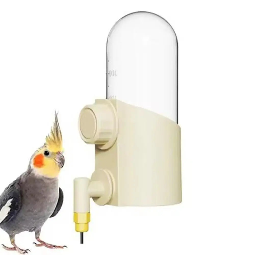 Beiger wiederverwendbarer Vogel-Wassergefähr mit klarem Kuppel und gelber Vogelfigur.