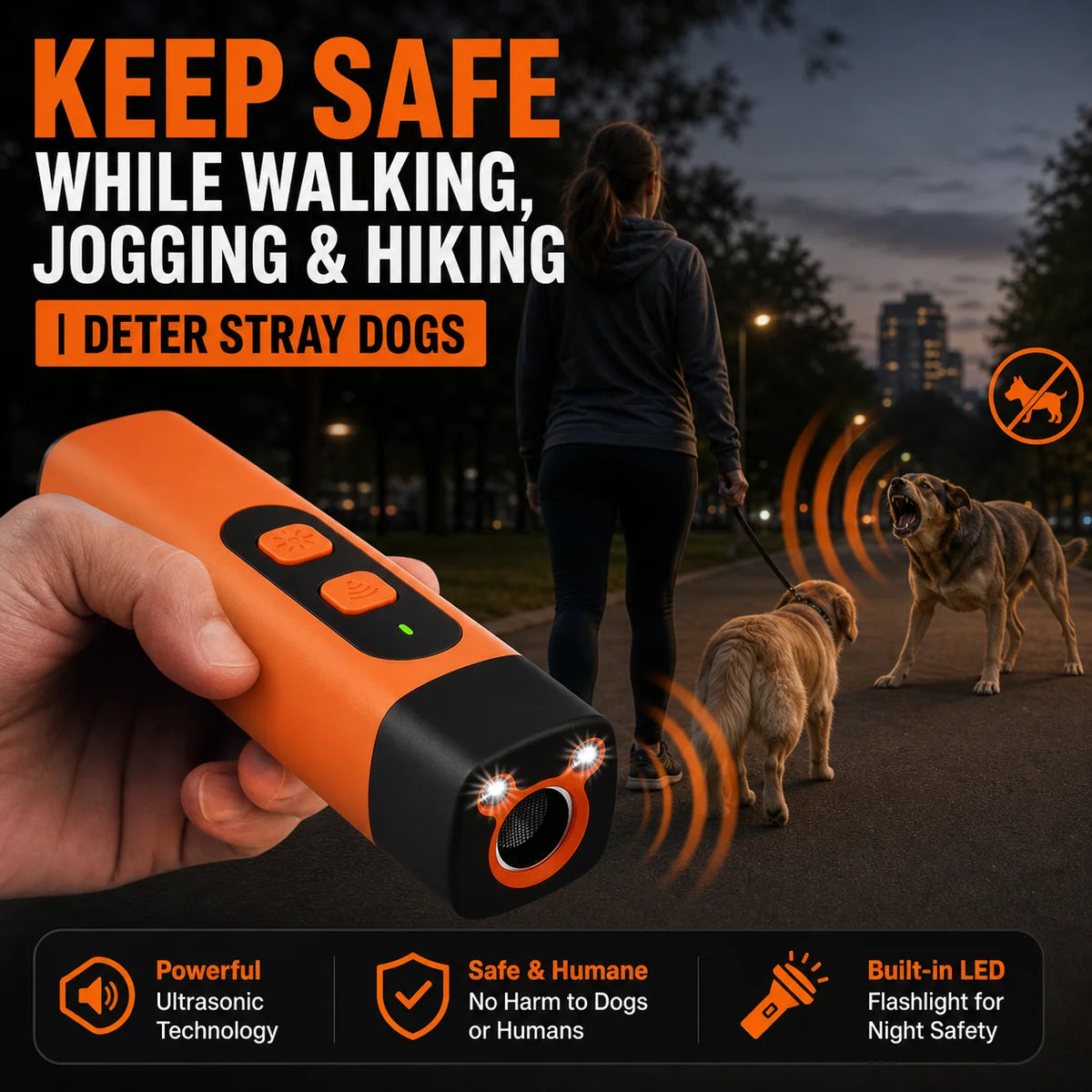 Rechargeable Ultrasonic Dog Deterrent with LED Flashlight