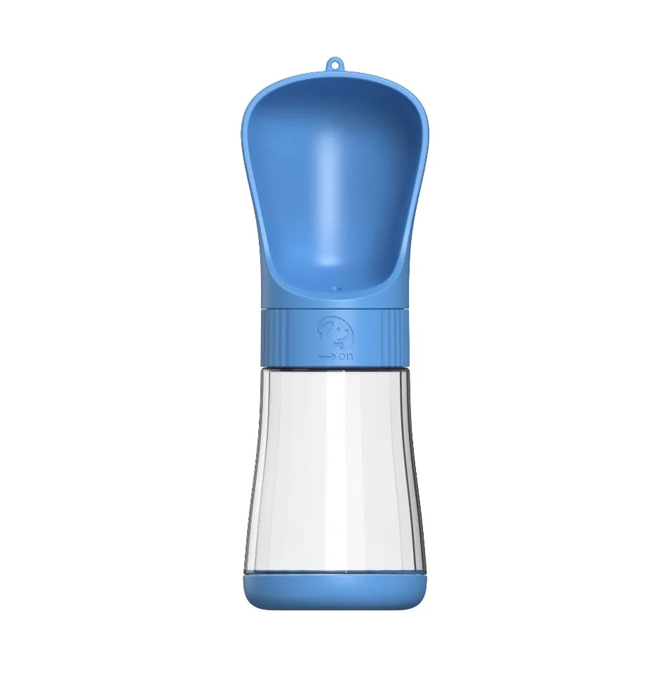 Blaue tragbare Haustier-Wasserflasche mit Schale und klarem Wasserreservoir.