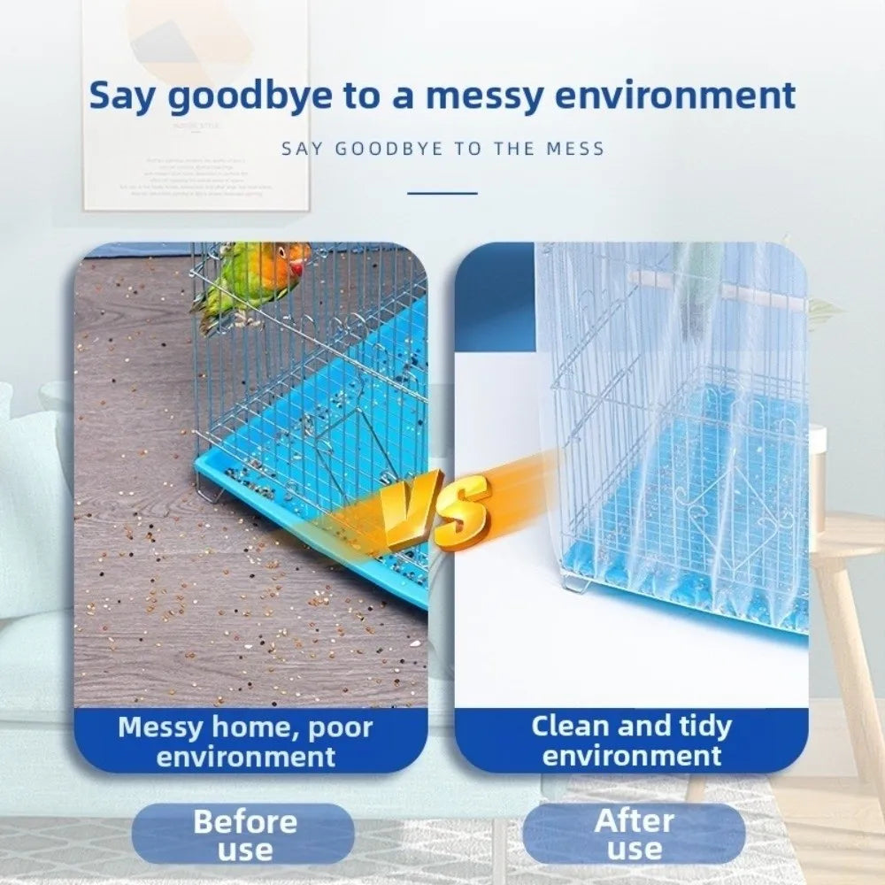 Comparison showing a messy bird cage before use and a clean tidy bird cage after use.
