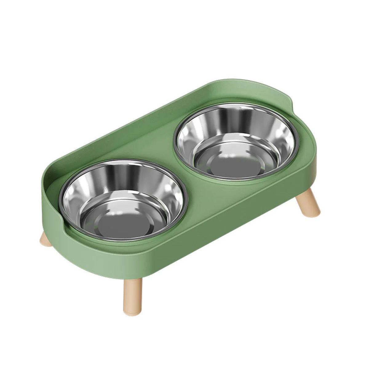 Un ensemble de deux bols à nourriture pour animaux de compagnie, vert clair, en acier inoxydable.
