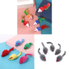 A set of five plush simulation mouse cat toys in various colors including red, orange, green, blue, and pink.