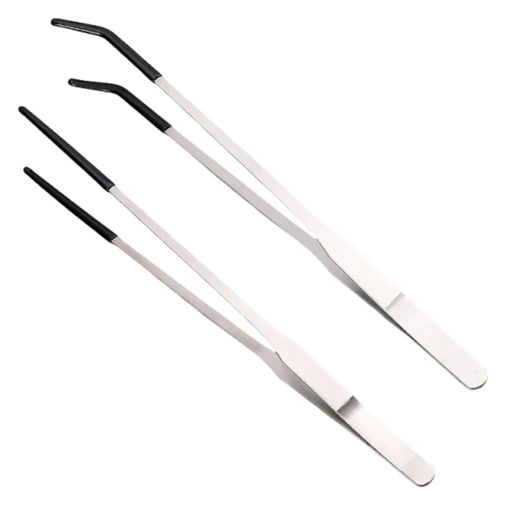 A pair of stainless steel aquarium feeding tweezers are shown against a white background.