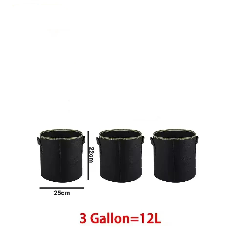 Three black non-woven aeration grow bags with handles for plants