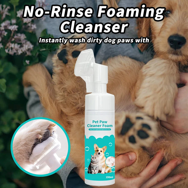 A bottle of No-Rinse Foaming Cleanser for dog paws is shown next to a golden retriever, demonstrating its use on pet paws.