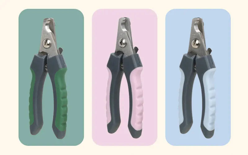 A set of stainless steel pet nail clippers for dogs and cats in gray and light pink colors.