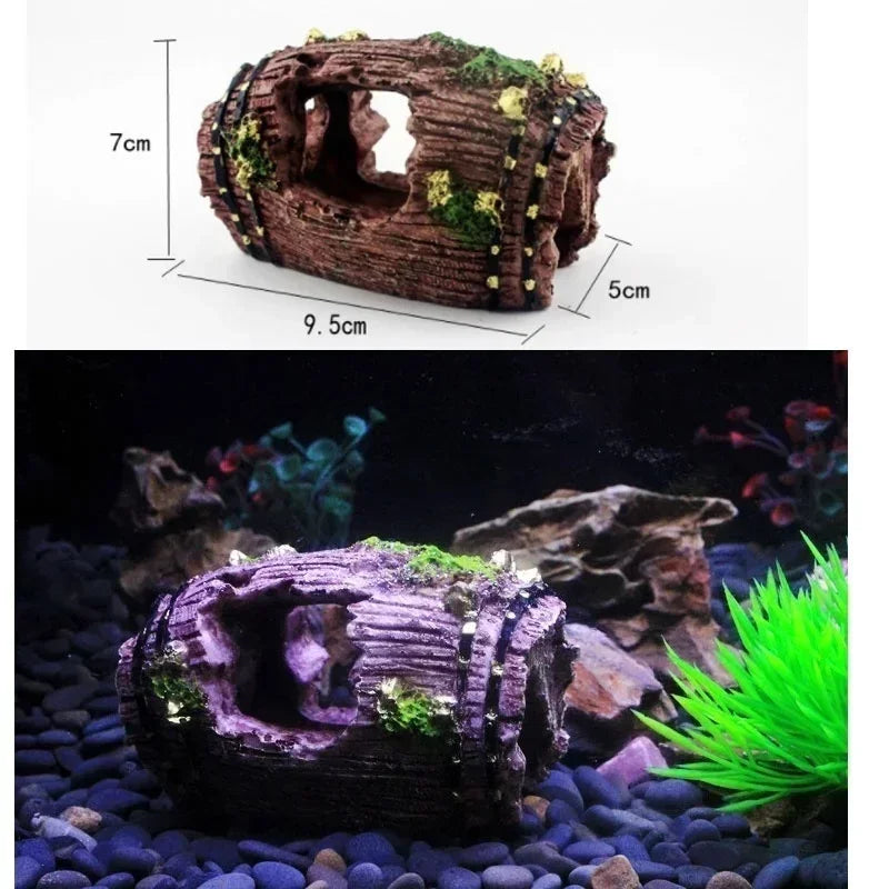 Rustic Resin Barrel Aquarium Ornament with Moss Accents