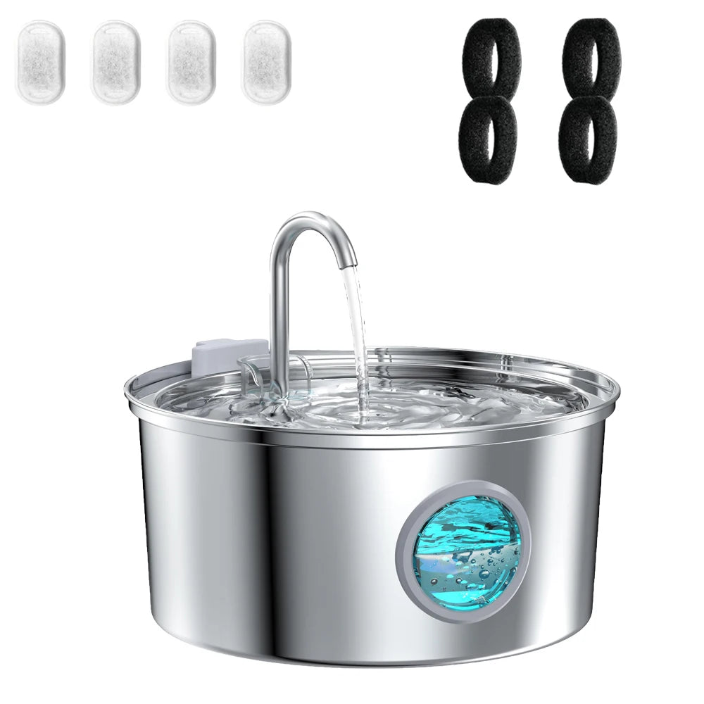 Stainless steel pet water fountain with a visible water flow and pump components.