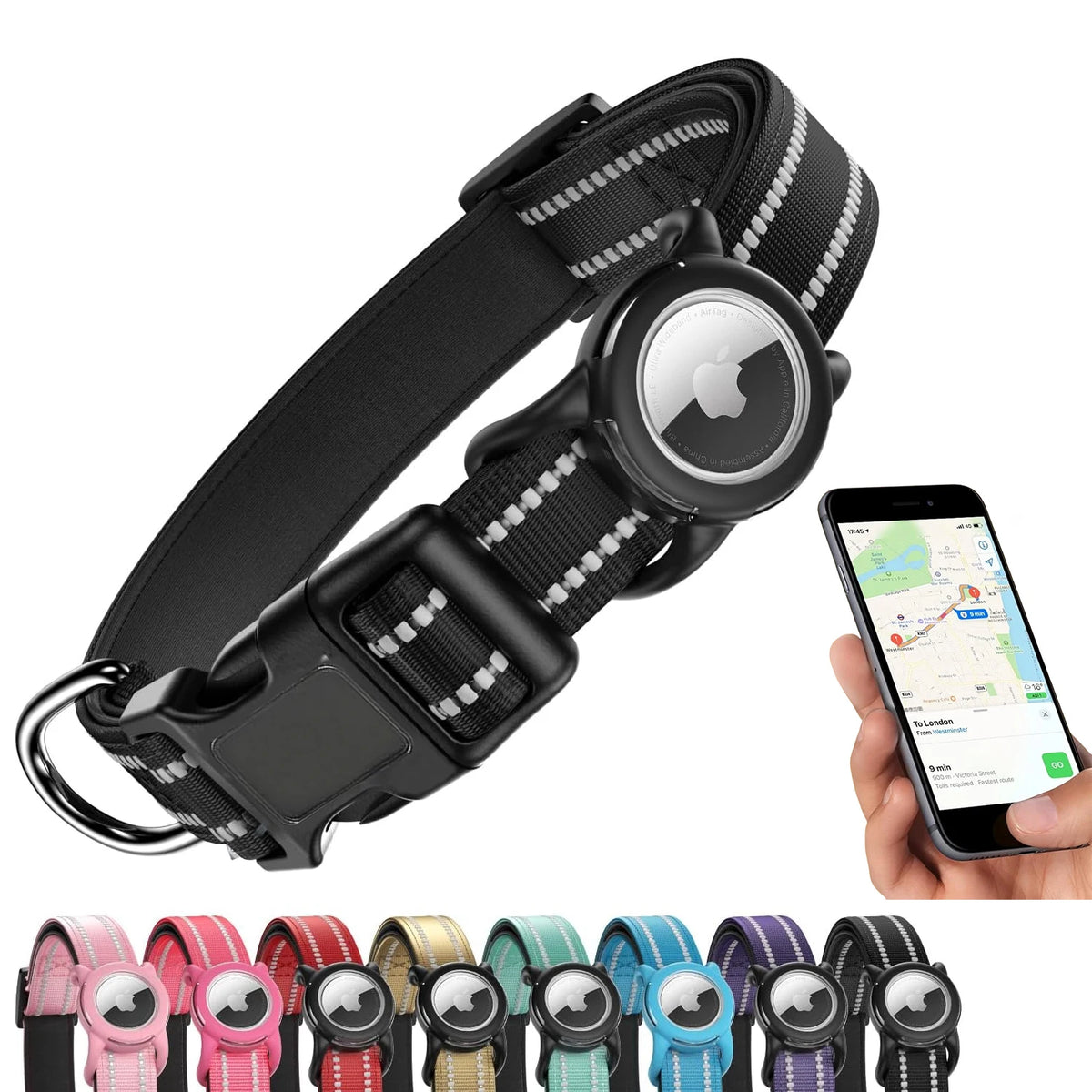 Black waterproof Airtag dog collar with reflective strips and safety buckle shown on a wrist and next to various colored coll