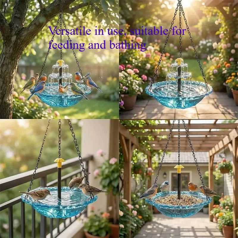 Fontaine d'oiseaux solaire à plusieurs niveaux avec eau bleue claire et éléments décoratifs suspendus à l'extérieur.