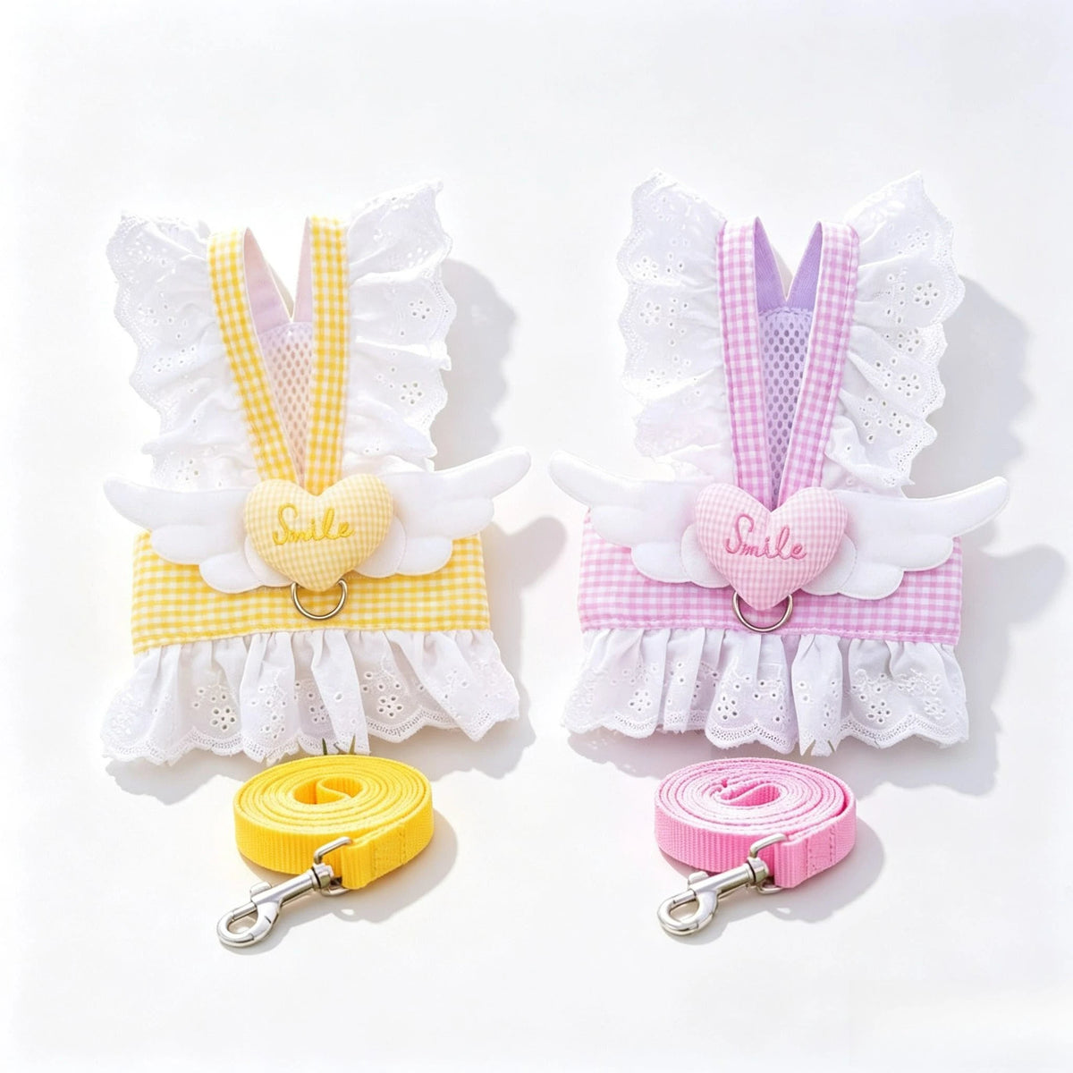 Pink lace ruffle plaid dog harness vest with angel heart design featuring white and pink fabric.