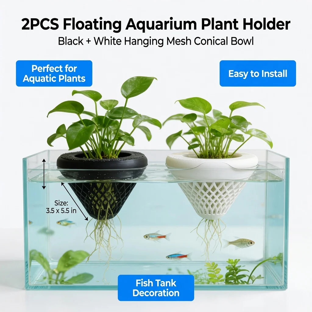Two floating aquarium plant holders in black and white mesh bowls are shown inside a clear tank for fish tank decoration.