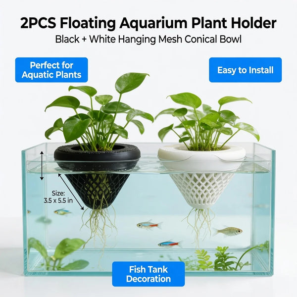 Two floating aquarium plant holders in black and white mesh bowls are shown inside a clear tank for fish tank decoration.