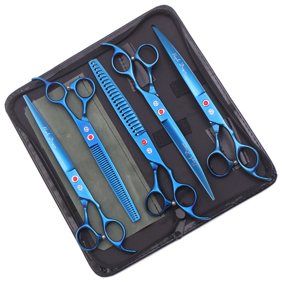 A set of professional stainless steel pet grooming scissors in blue and silver housed in a black case.