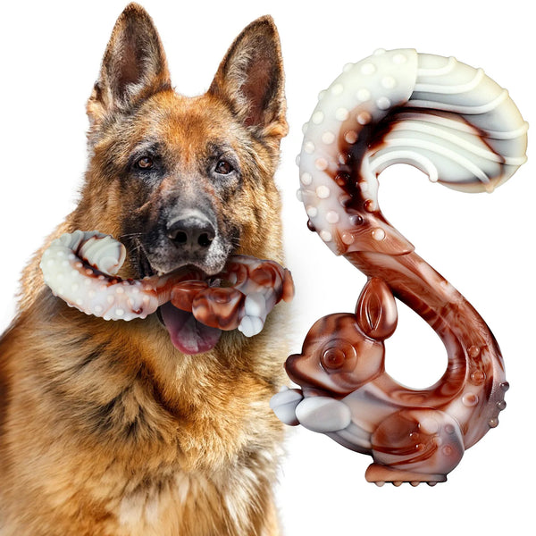 A German Shepherd dog is holding a brown and white nylon dog chew toy shaped like a rabbit.