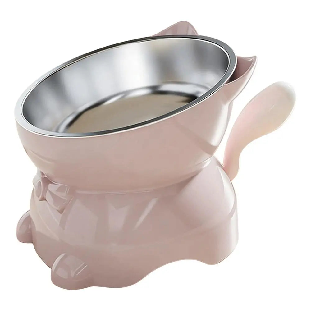 A light pink elevated cat bowl with a stainless steel insert and a matching pink dish.