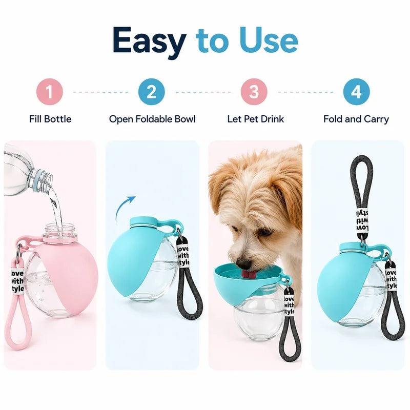 A four-step guide showing how to use a portable dog water bottle with a leak-proof stainless steel ball dispenser.