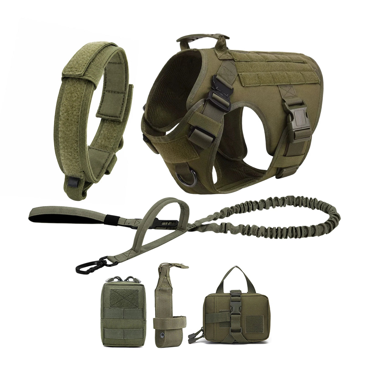 A tactical dog harness set featuring a collar, vest, and leash with MOLLE pouches for large breeds.