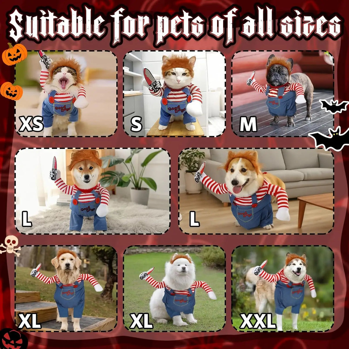 A collection of dog Halloween costumes in various sizes, including XS to XXL.