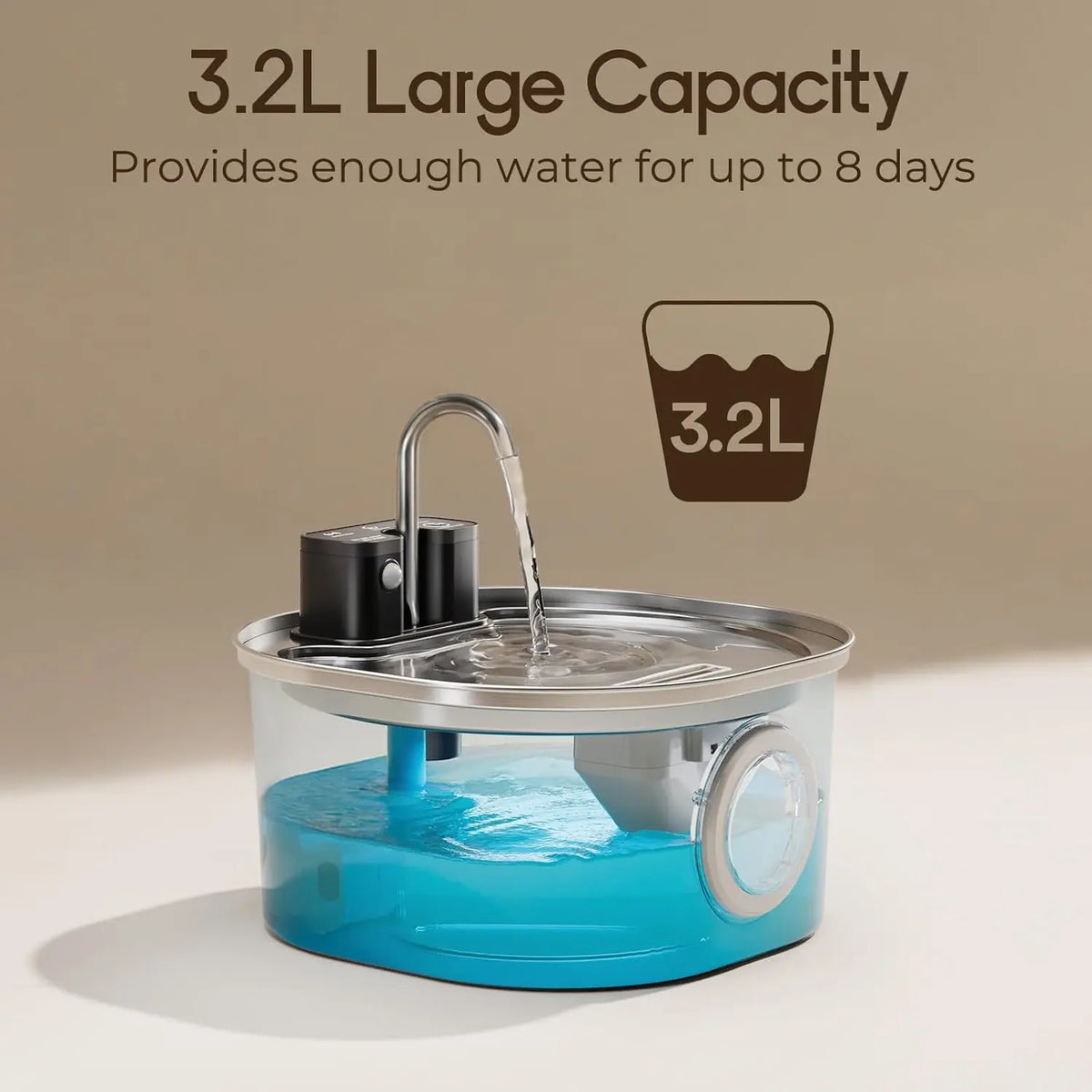 A clear blue pet water fountain with a stainless steel component is shown pouring water.