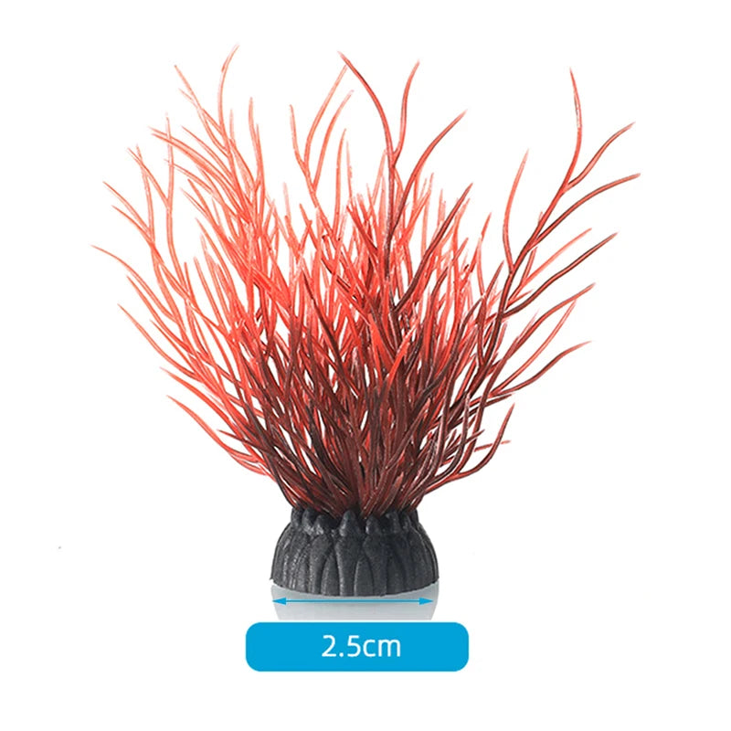 A cluster of realistic red aquatic plants used for fish tank decoration.