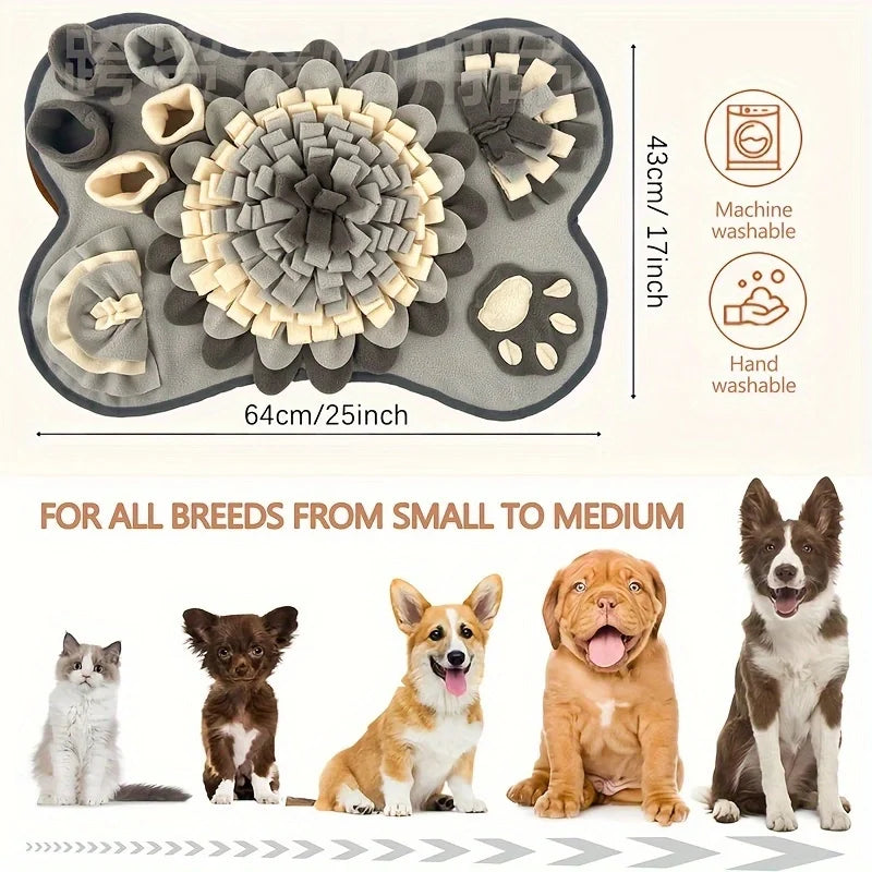 Graue interaktive Hundespielmatte mit verschiedenen Texturen zum Schnüffeln und langsam Füttern, neben verschiedenen Größen v