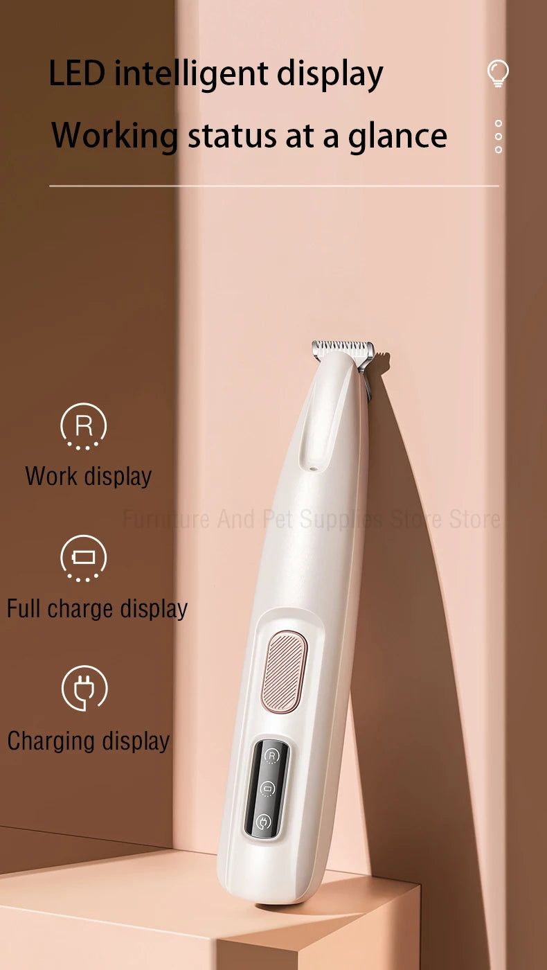A white pet grooming trimmer is displayed on a shelf, showing various LED working status indicators.