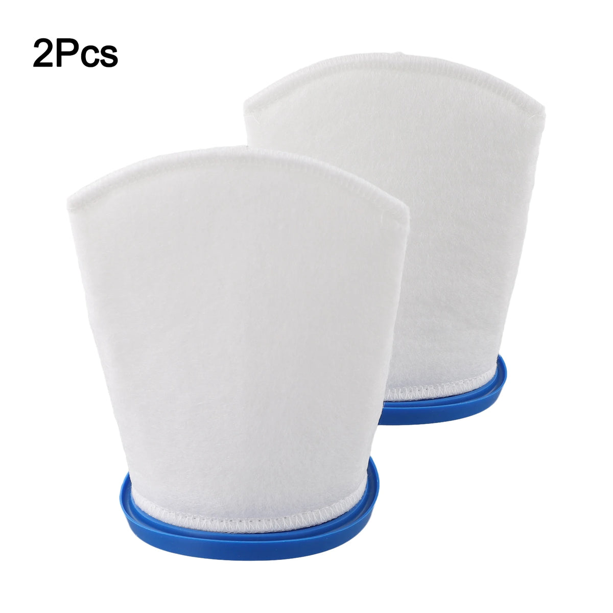 Two white pool filter bags with blue rims for sand and silt removal
