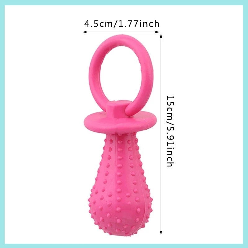 Pink rubber pacifier chew toy with a loop and a textured body for dental cleaning