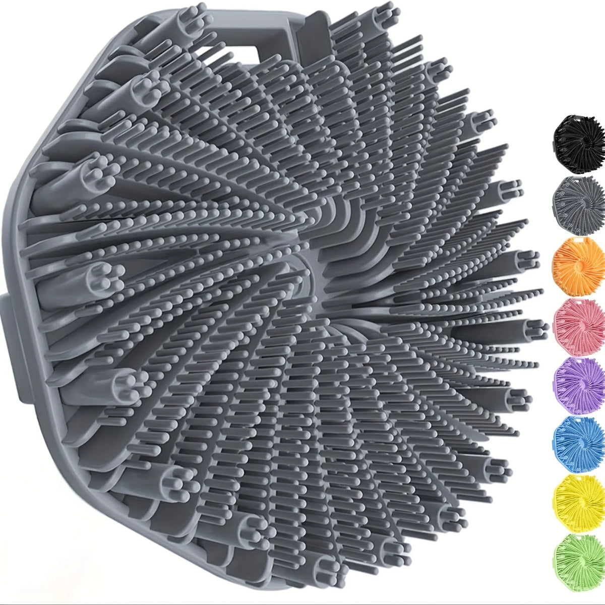 A gray silicone exfoliating brush with numerous bristles arranged radially for gentle body scrubbing.