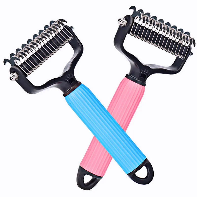 A double-sided stainless steel dematting comb for dogs with pink and blue handles.