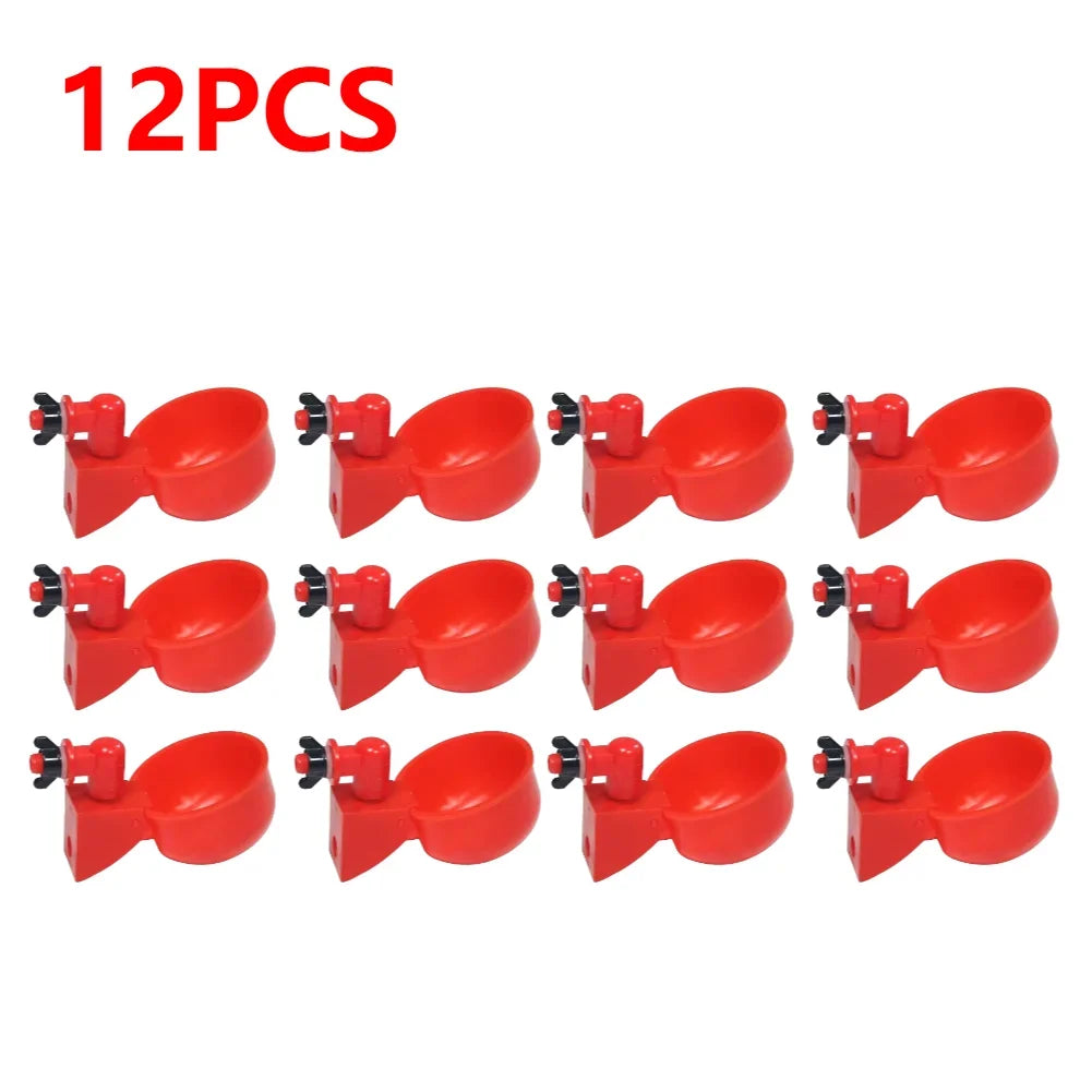Twelve red automatic poultry drinking cups for easy installation