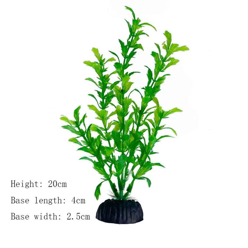 A vibrant green artificial aquarium plant with a tall, leafy structure and a black base.