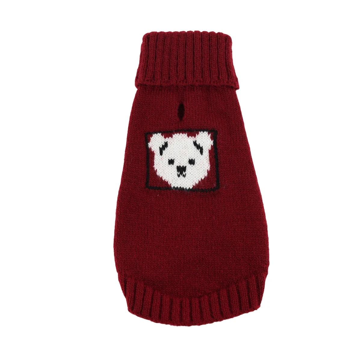 A deep maroon knitted sweater for a dog featuring a white bear face design.