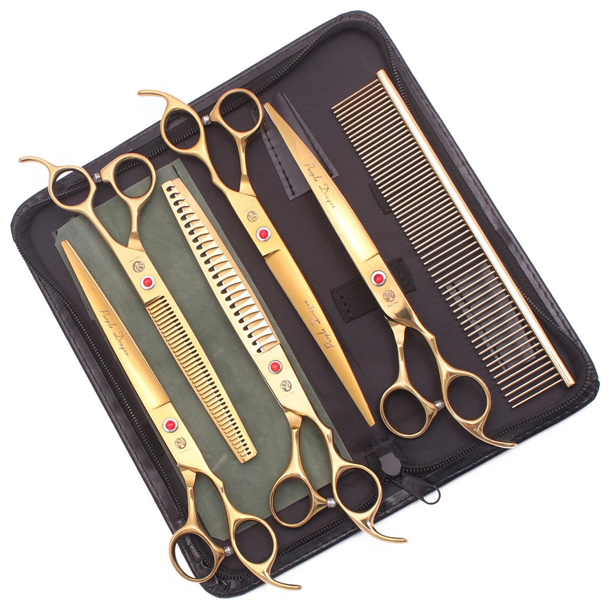 A black case containing professional stainless steel pet grooming scissors and a comb.