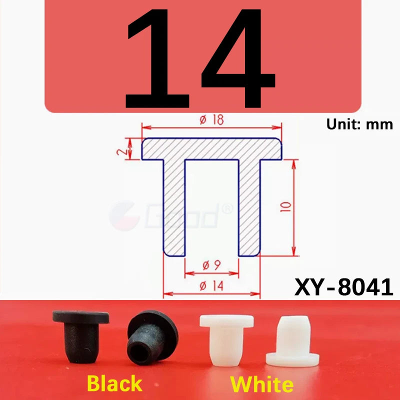Four silicone rubber hole plugs in black and white, shown next to a dimensioned diagram.