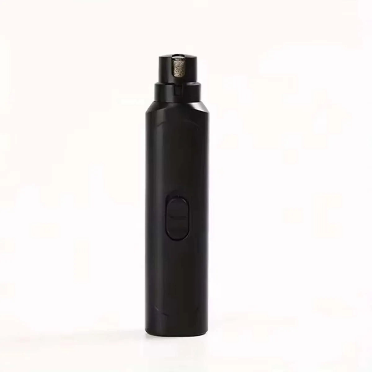 A black electric pet nail grinder with a metallic cap and an oval switch is shown against a white background.