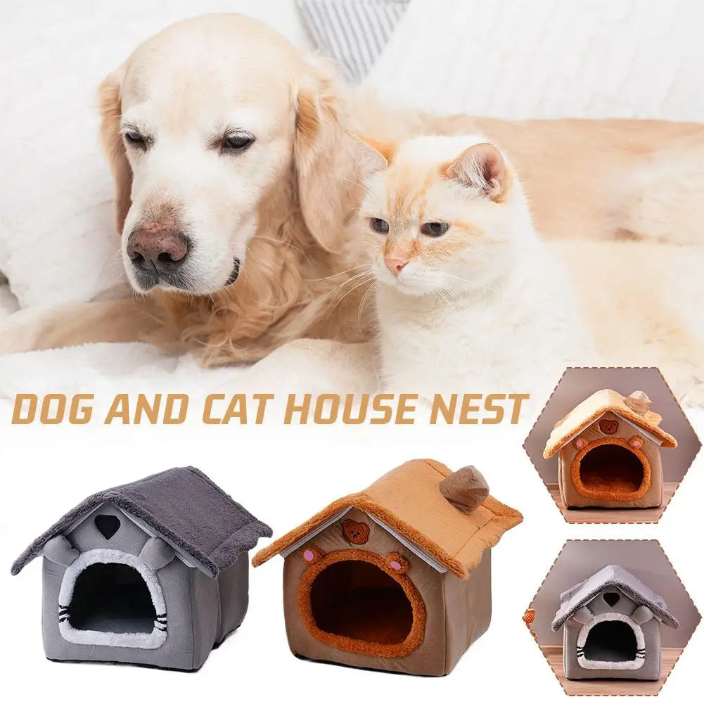 A set of cozy plush pet bed caves for dogs and cats in gray and tan colors.