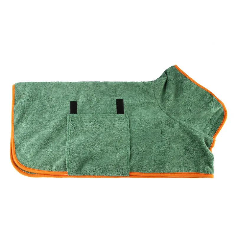 A green, fuzzy dog bathrobe with black straps and an orange trim.