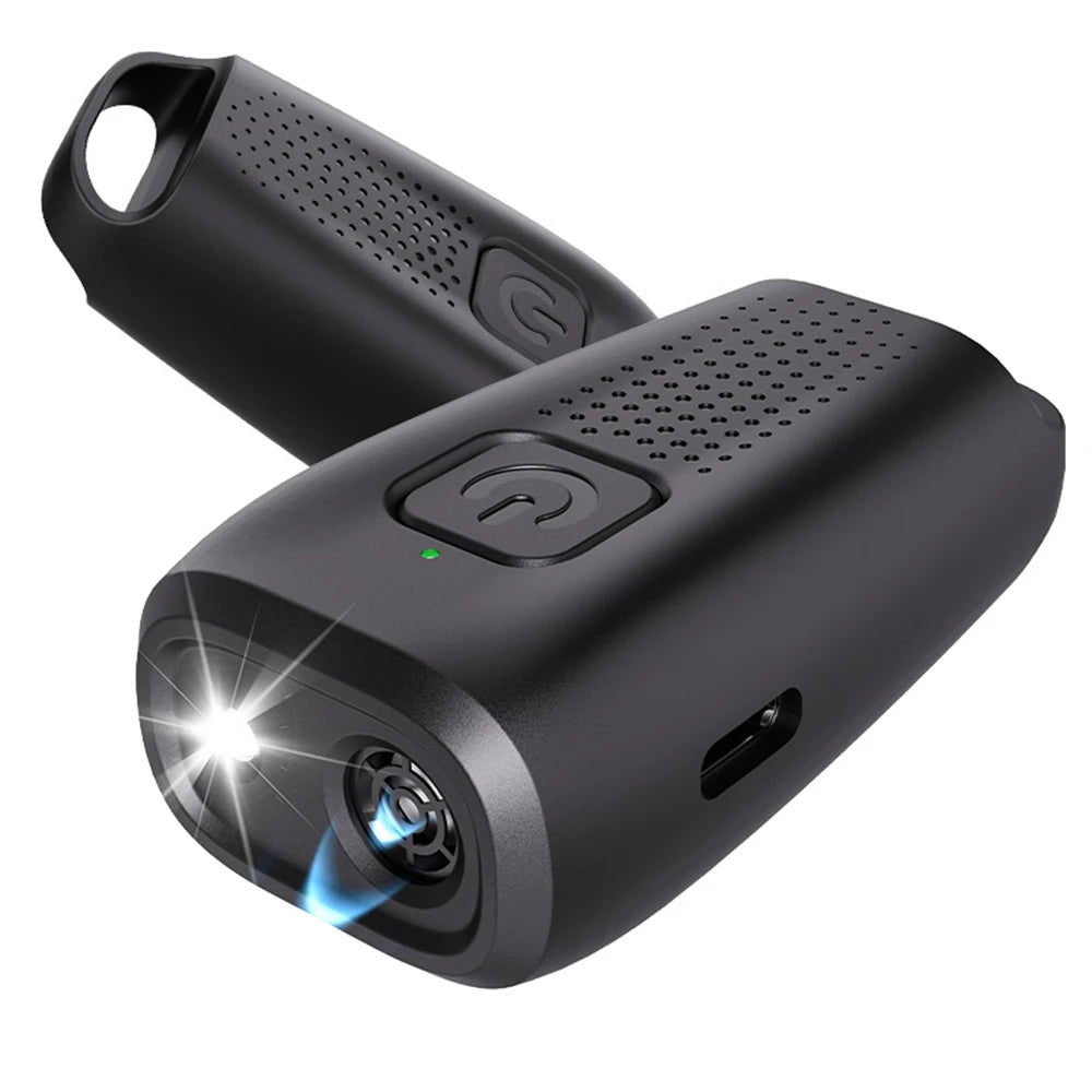 A black ultrasonic dog bark stopper device with a lens and LED light is shown from above.