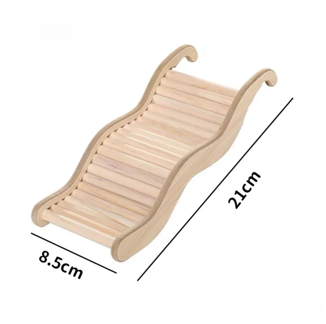 A wooden wave staircase hamster toy with a curved slide, showing its dimensions.