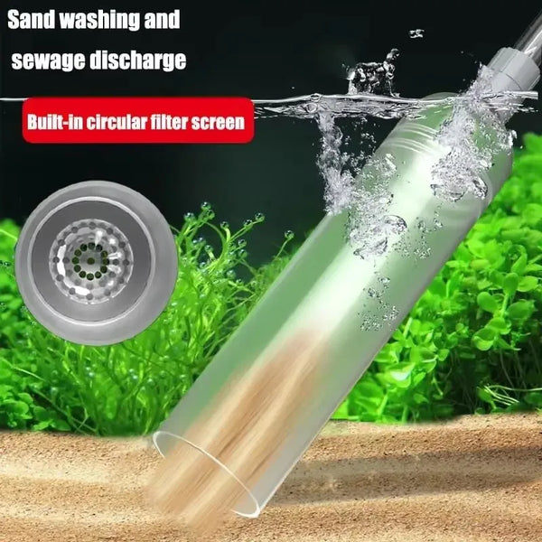 A clear siphon vacuum tube with a built-in circular filter screen is shown being used for sand washing and sewage discharge.